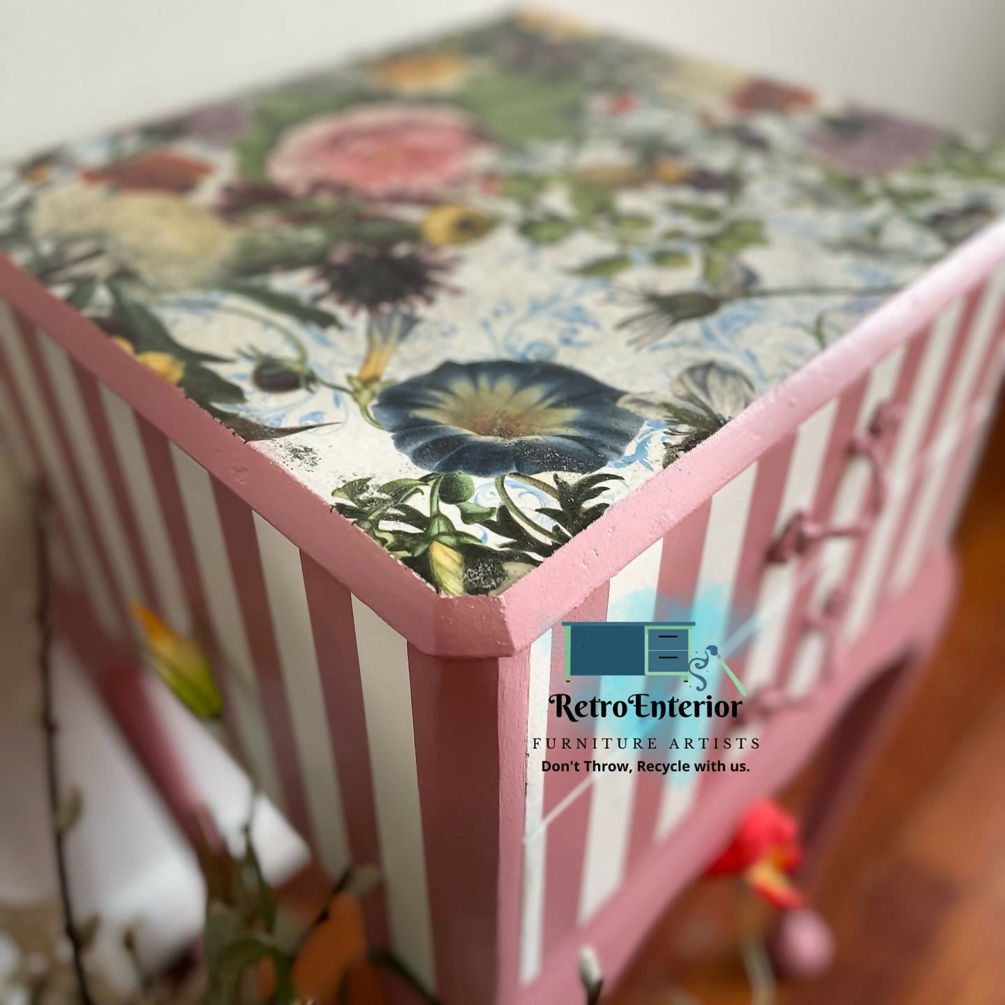 Whimsical botanical top French style bedside table