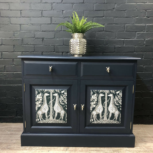 MADE TO ORDER: Vintage sideboard/buffet with wallpaper fronts, drawers – Dark navy sideboard, Giraffe themed wallpaper