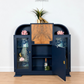 Curved Art Deco walnut drinks cocktail cabinet in navy blue and gold with peacock design. Glass display, Drinks cabinet, Sideboard