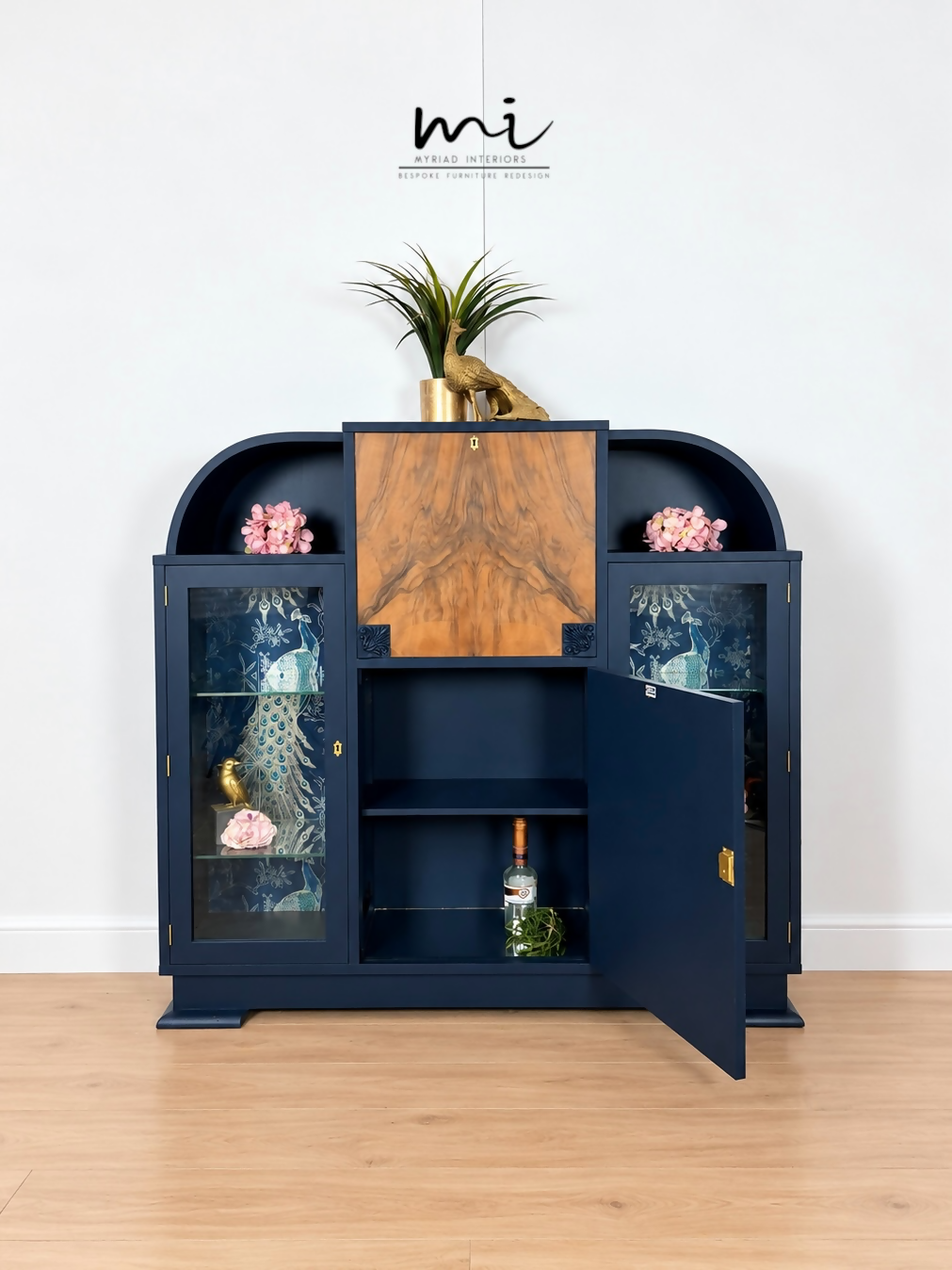 Curved Art Deco walnut drinks cocktail cabinet in navy blue and gold with peacock design. Glass display, Drinks cabinet, Sideboard