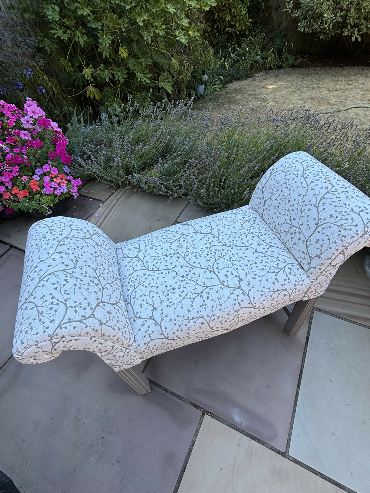 Window Seat, Scroll Armed Bench, Upholstered Cream Willow Fabric Hallway Chair