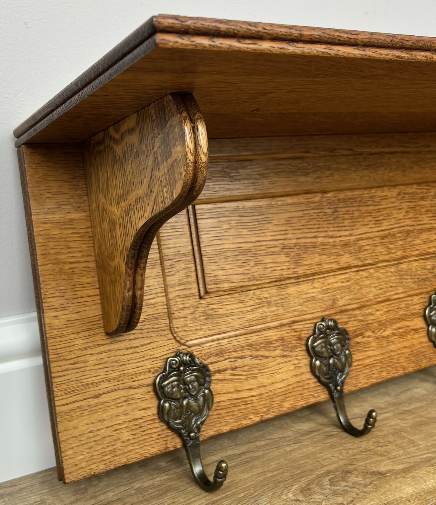 Coat Rack Vintage French Oak Wall Mounted 5 Hooks Carved Rack Hanger LOT 6203