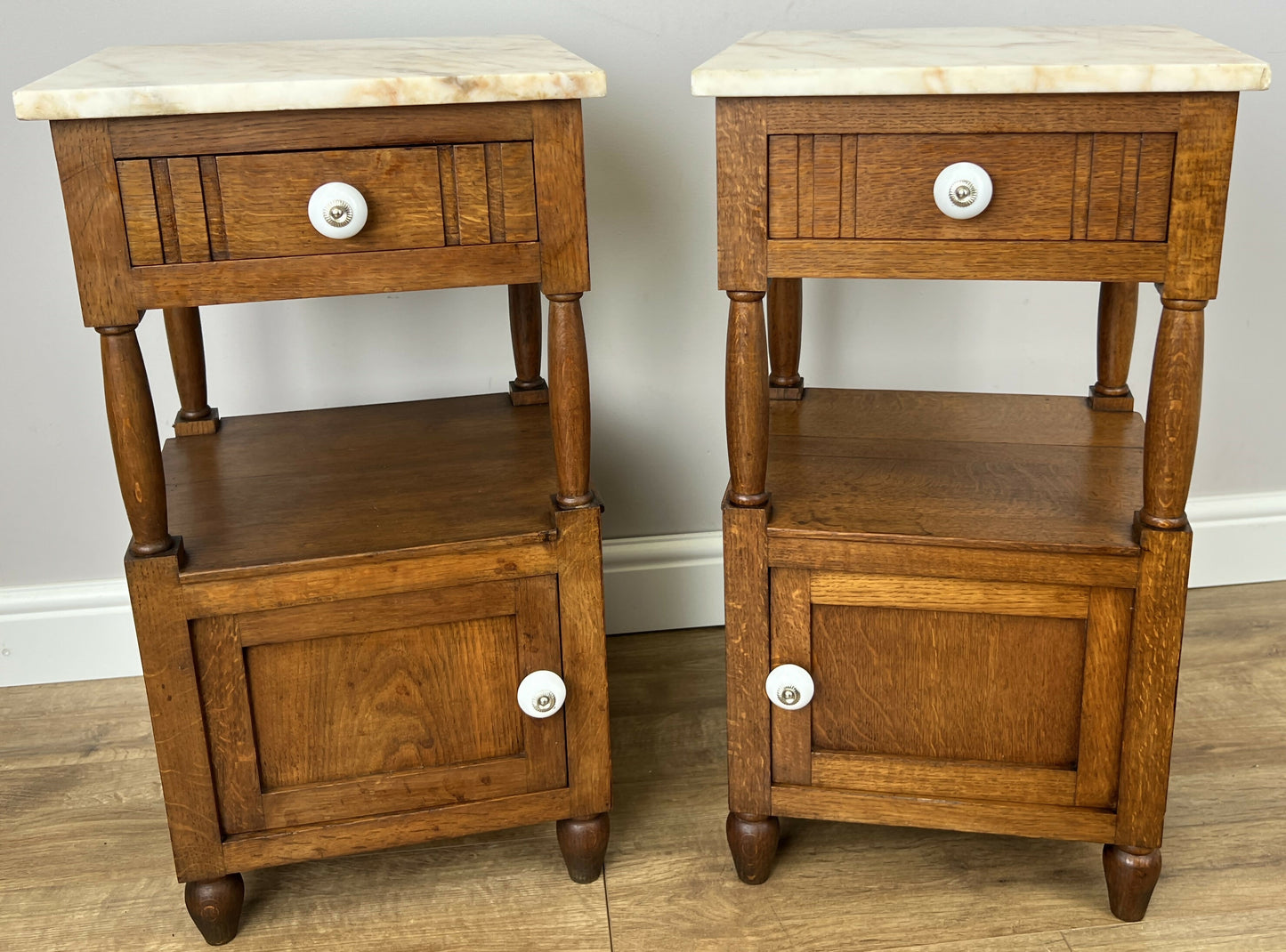 Pair of Bedside Tables Antique French Marble Top Oak Carved Cabinets LOT 6182