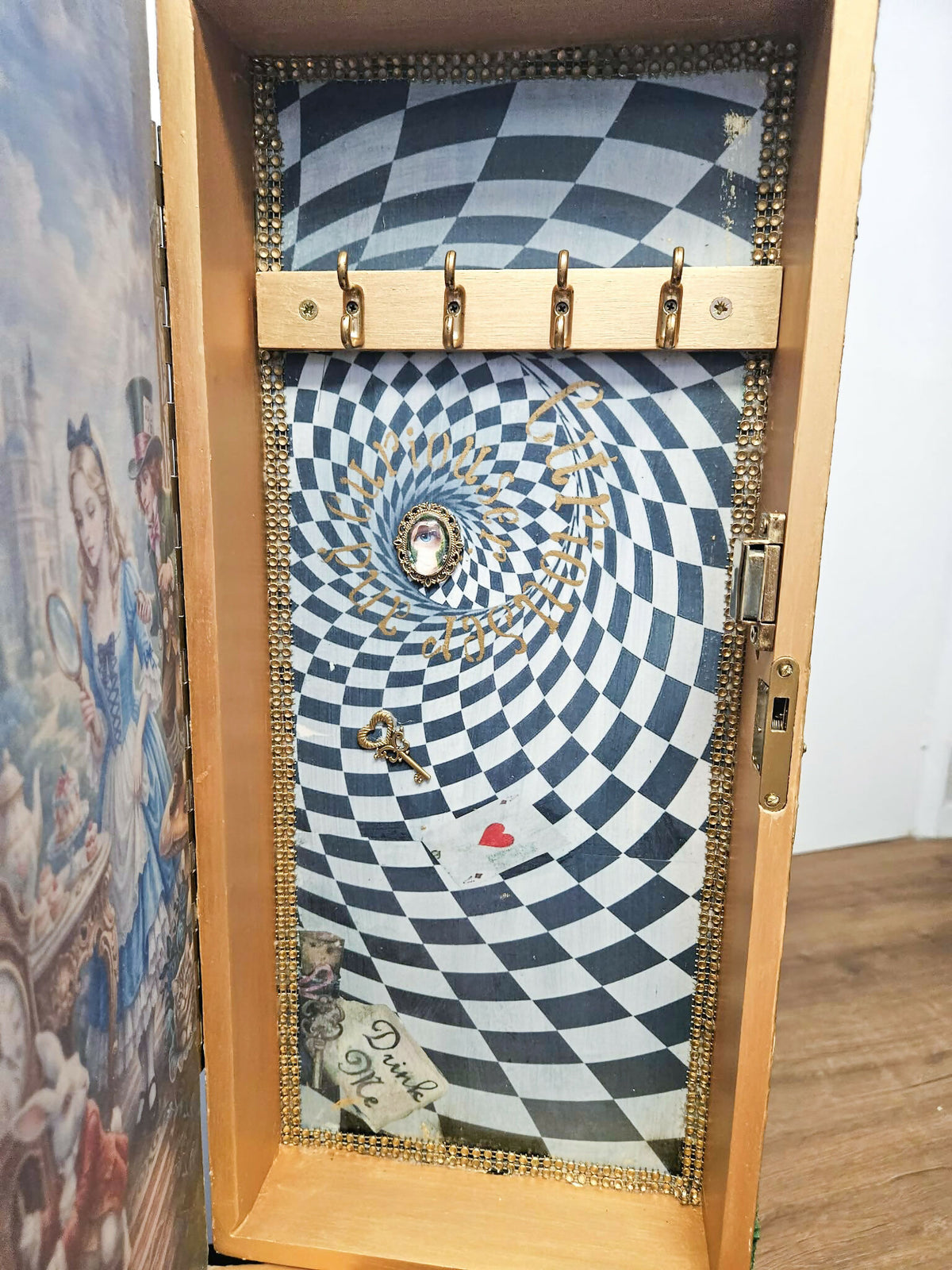 Hand painted and Decoupaged Alice in Wonderland Jewellery Armoire, whimsical vintage jewellery cabinet