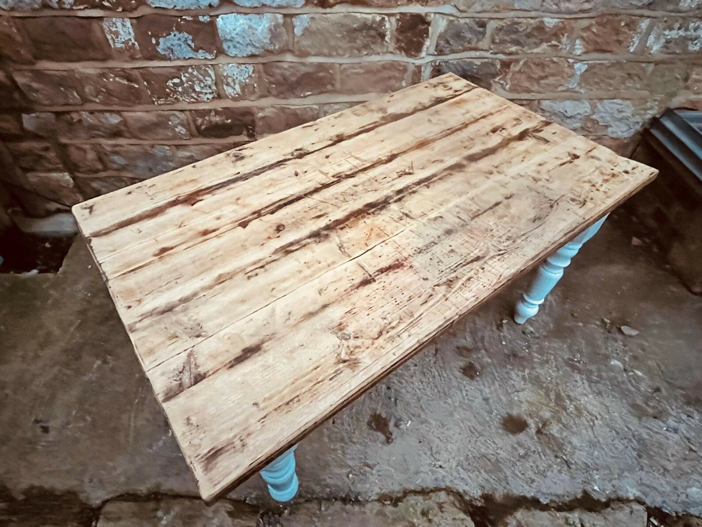 Vintage Farmhouse Table with Drawer – Rustic Reclaimed Pine Top & Painted Base – Country Kitchen Dining