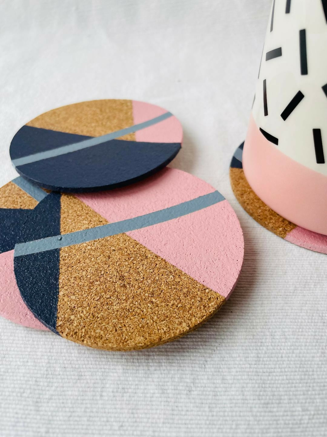 SOLD Set of 4 Cork Coasters - Hand Painted Geometric/Modern Design (Pink/Pale Blue/Navy)