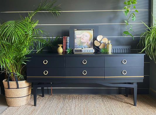 Sideboard With Drawers, TV Cabinet, Black Low And Wide, Mid Century.