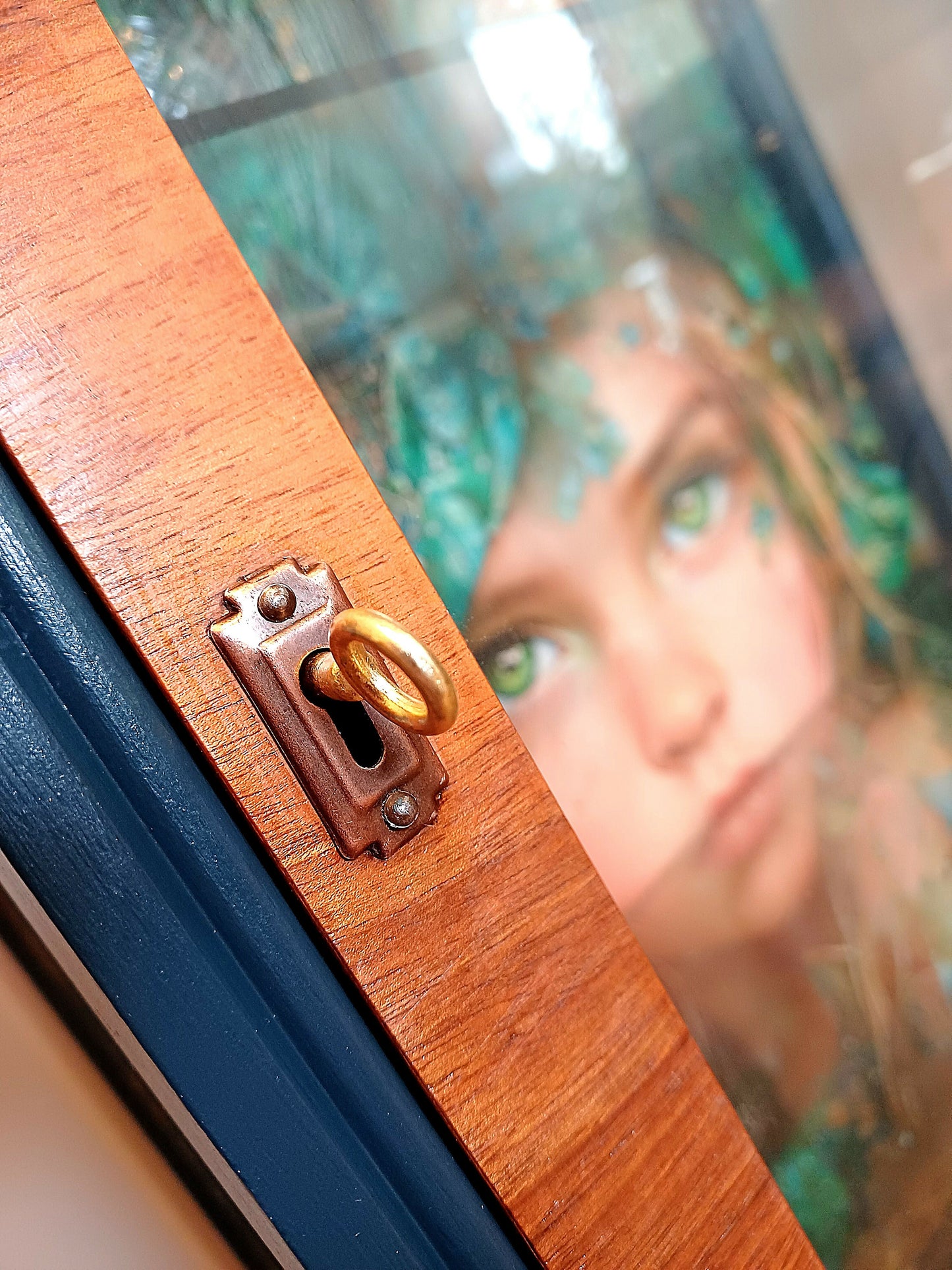 Upcycled Display Case with Decoupaged Peacock Princess and Glass Shelves