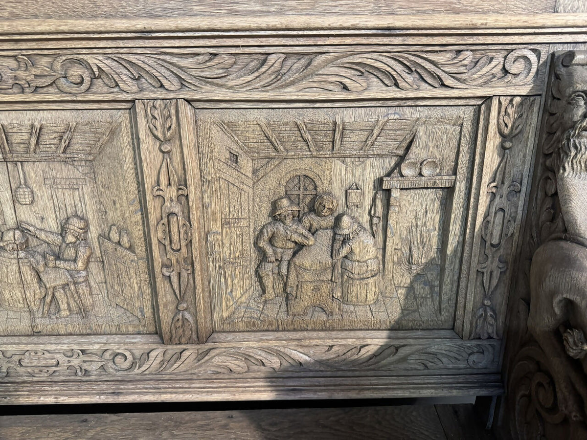 French Carved Oak Tavern Scene Bench