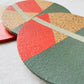 Set of 4 Cork Coasters - Hand Painted Geometric/Modern Design (Coral/Green/Grey)