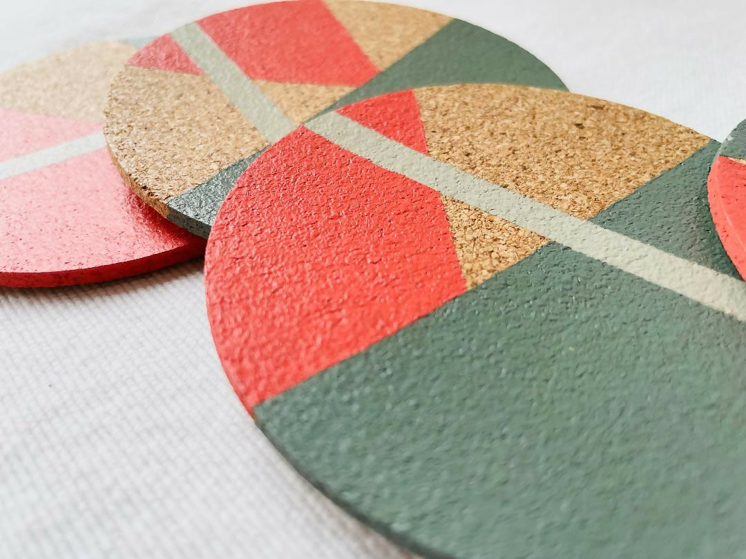 Set of 4 Cork Coasters - Hand Painted Geometric/Modern Design (Coral/Green/Grey)