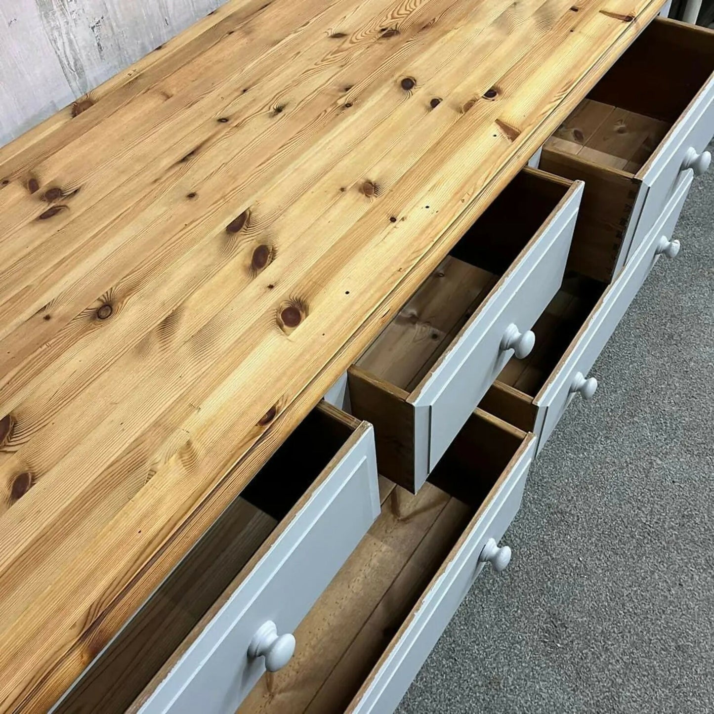 Modern Painted Long Pine Sideboard 5 Drawers Pale Grey Sanded Top Knob Handles