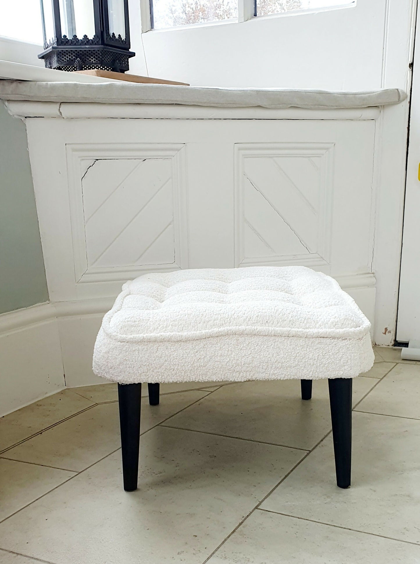 Footstool. Reupholstered, Fully Restored. Mid-century in origin. Boucle