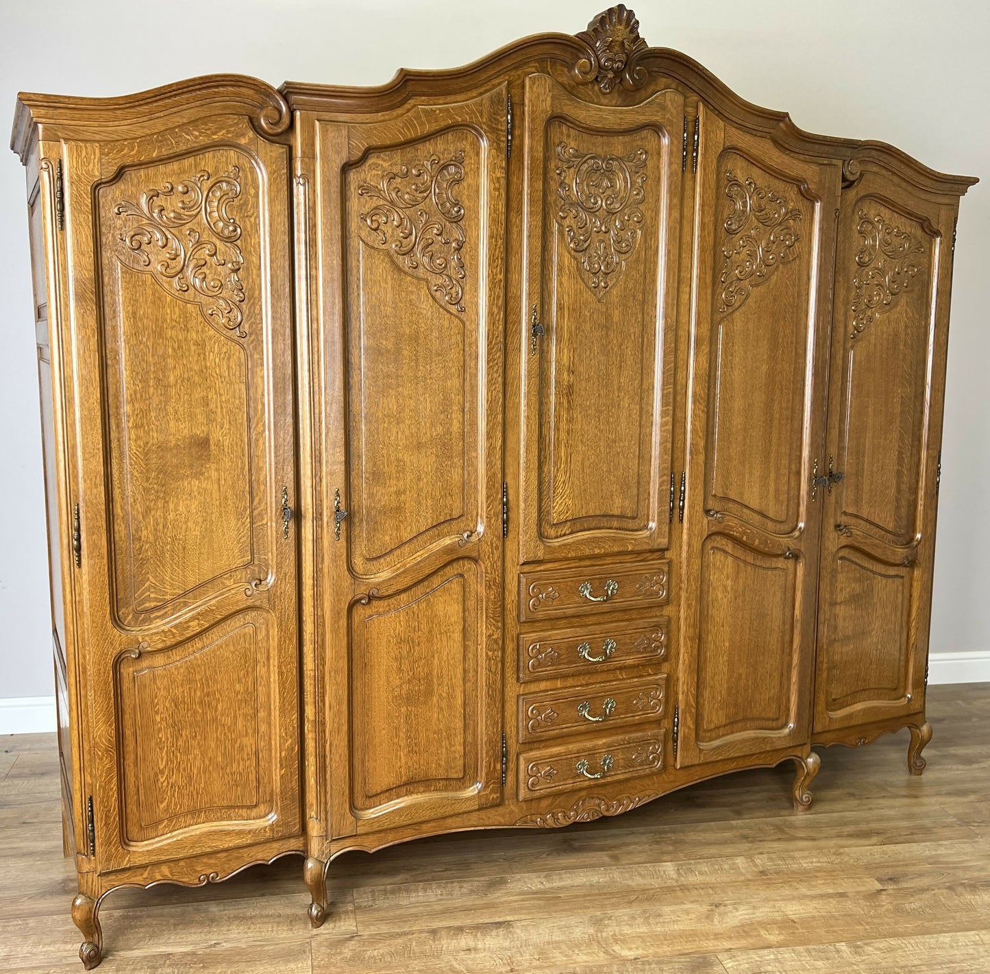 Wardrobe Vintage French Louis XVI Style Five Door Oak Carved Armoire LOT 6457