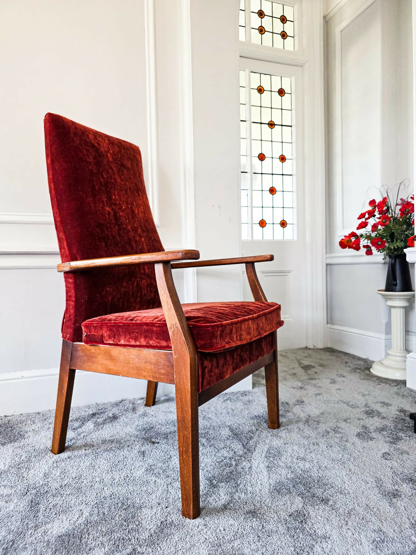 Parker Knoll PK928-9 High Back Armchair Reupholstered in 'Linwood' Velvet. In Great Condition