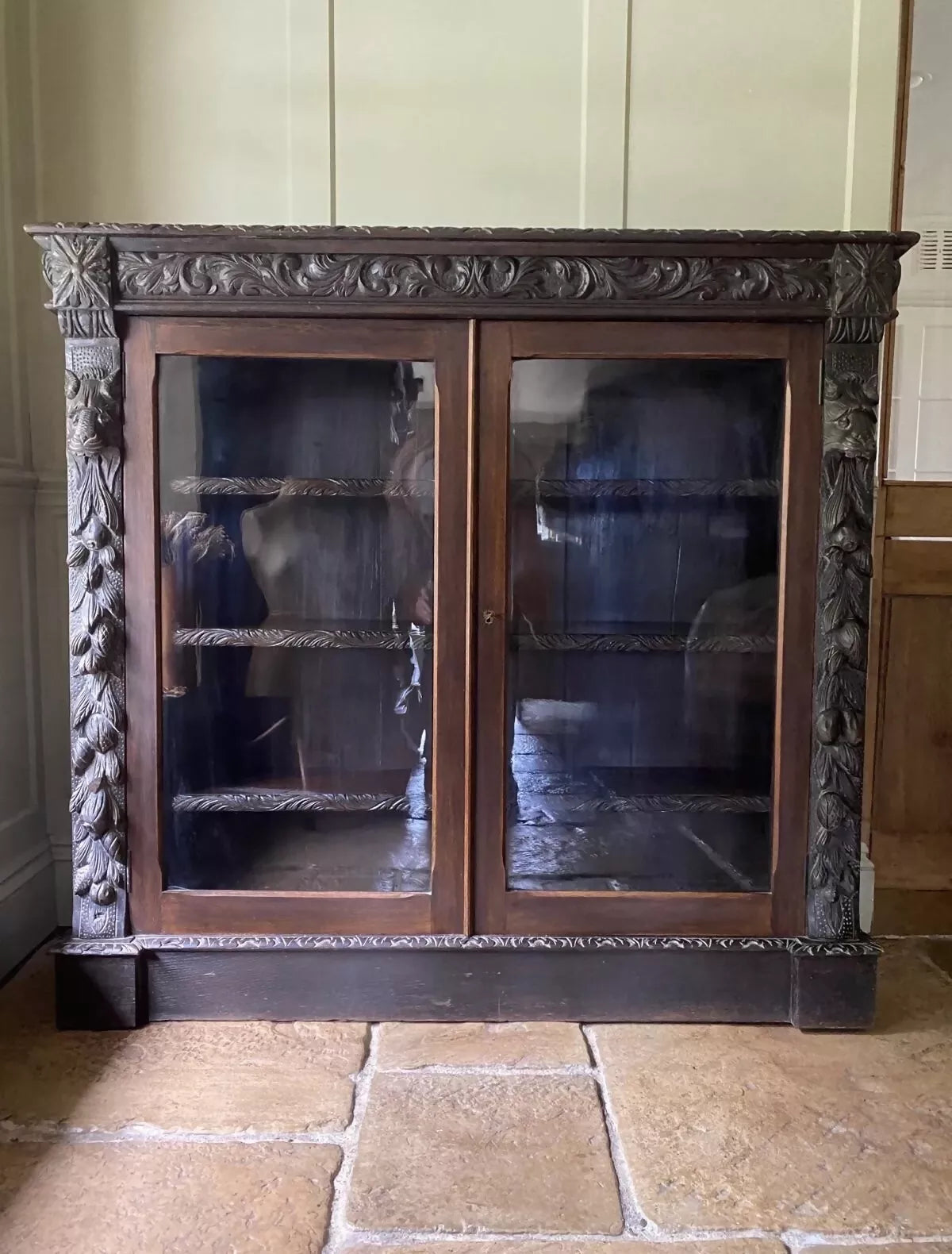 Antique Victorian Jacobean Style Oak Carved Glazed Bookcase Cabinet Cupboard