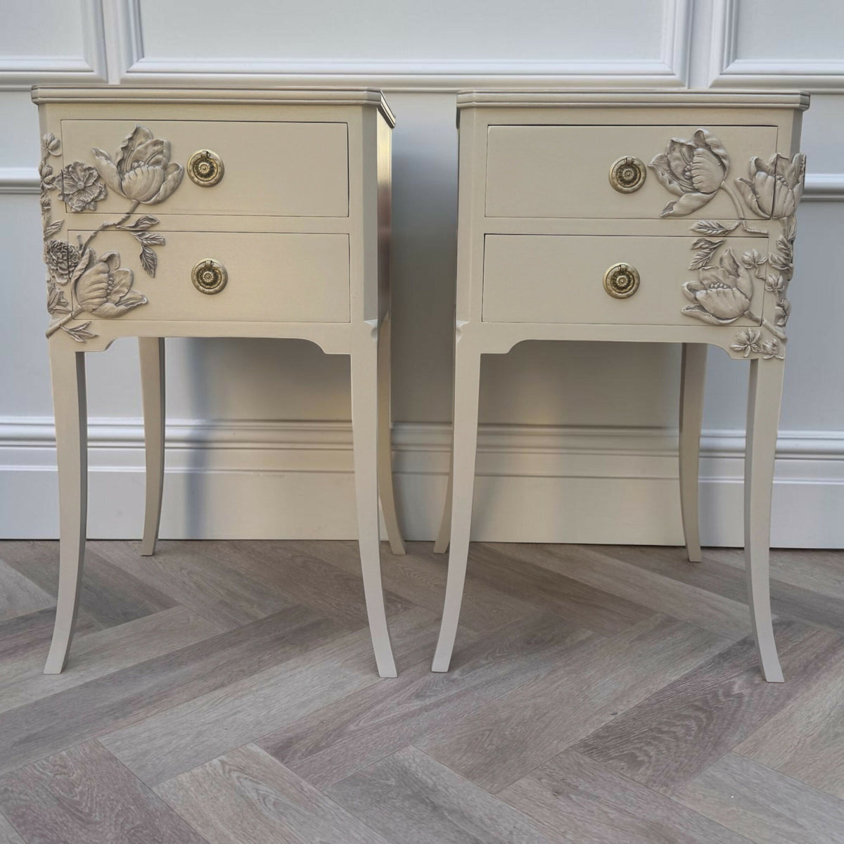Vintage Hand-Painted Floral Bedside Tables / Resin Botanical Nightstands