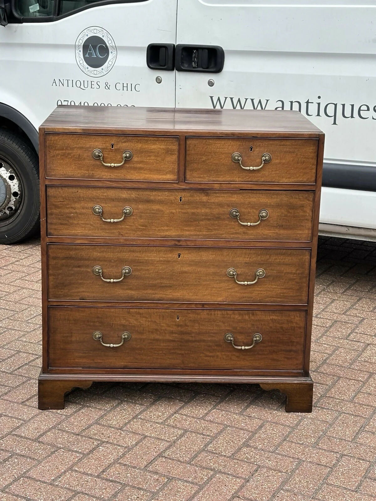 Vintage Mahogany Chest Of Drawers. Brass Handles, Bracket Feet, Fine Propotions