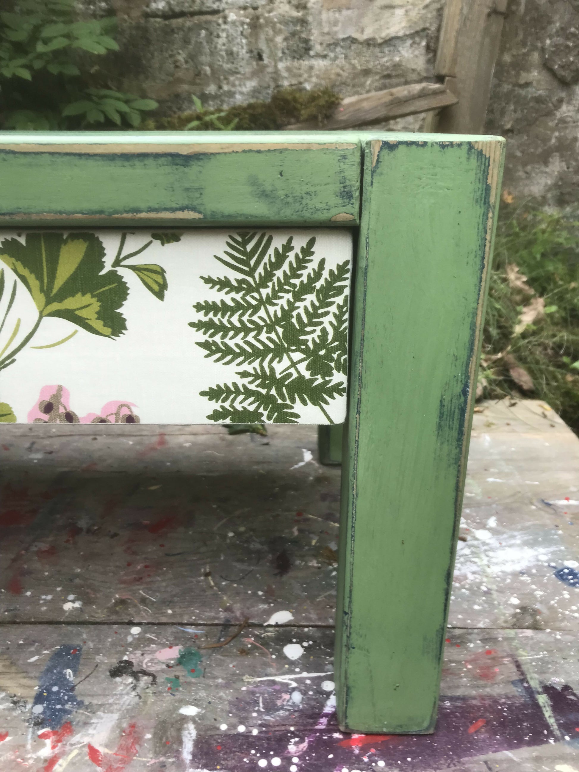 Bedside table painted in Layers of Annie Sloan Chalk paint with decoupaged drawer 3
