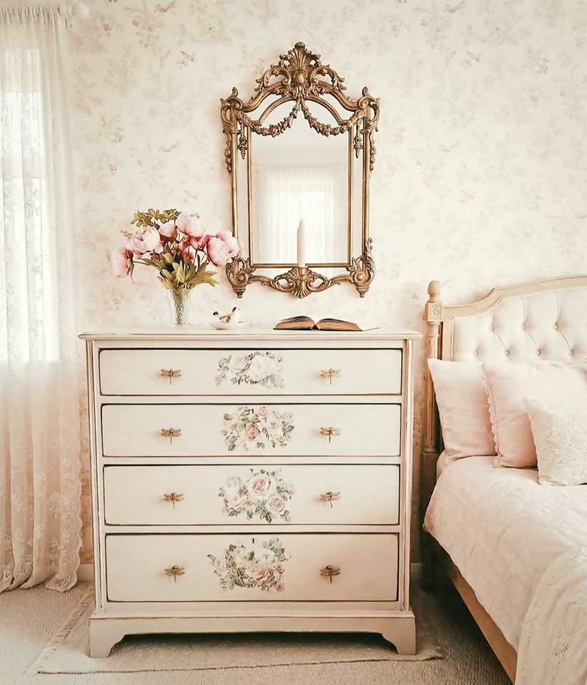 Large Upcycled wooden Chest of Drawers, with floral transfers and glass top