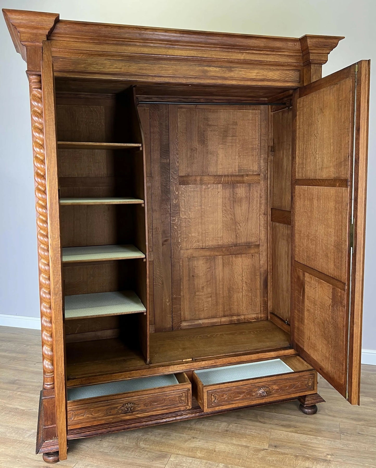 Vintage Wardrobe French Oak Two Door Mirrored Carved Armoire Cabinet LOT 6124