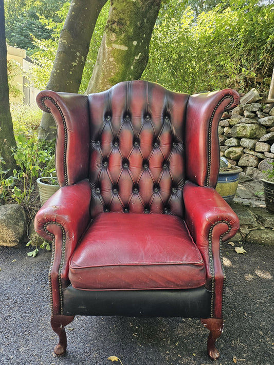 Vintage Oxblood Chesterfield Queen Anne Armchair High Back Button Back Well Worn