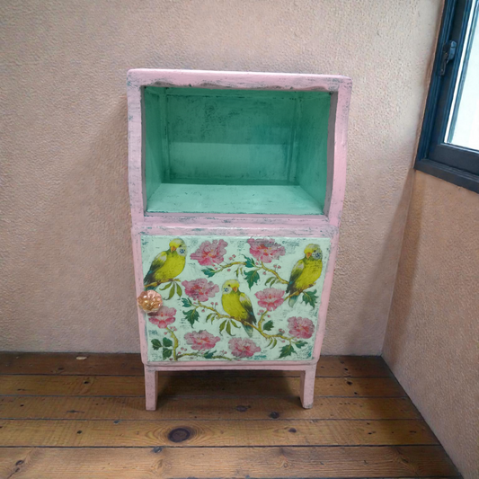 Budgies & Blossom Decoupaged Cabinet