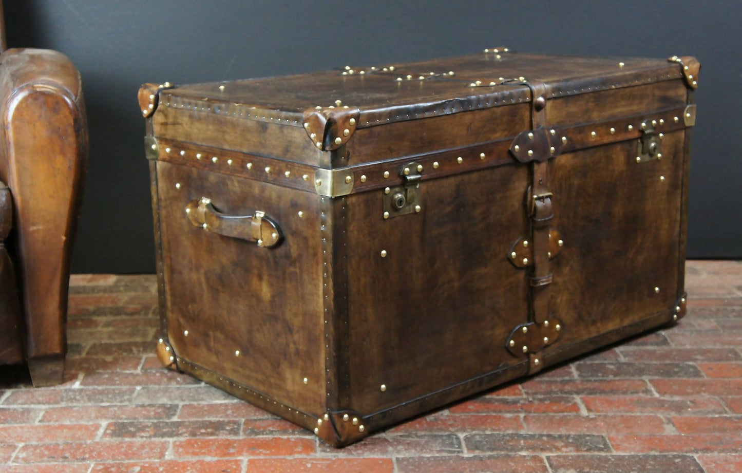 Handmade handcrafted luxury belted coffee table trunk