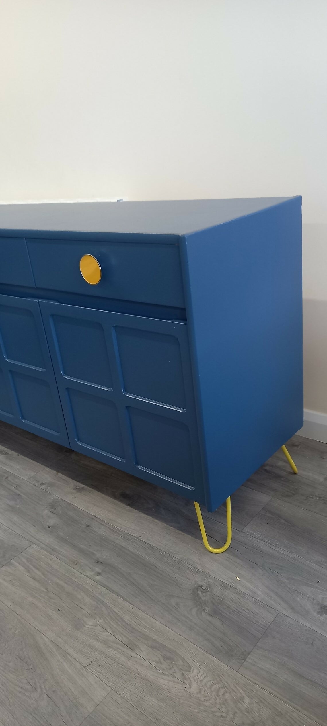 Midcentury Retro Nathan Squares Sideboard. Blue Yellow Painted Upcycled TV Cabinet Commission Piece