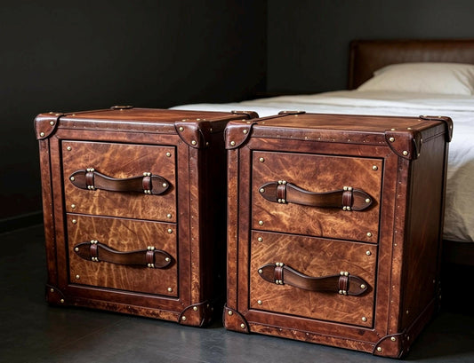 Bespoke English vintage bedside cabinets - custom wood framed - luxury hand dyed leather nightstands