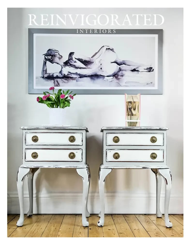 SOLD A pair of bow front Queen Anne legs bedside tables in Paris Grey and Old White