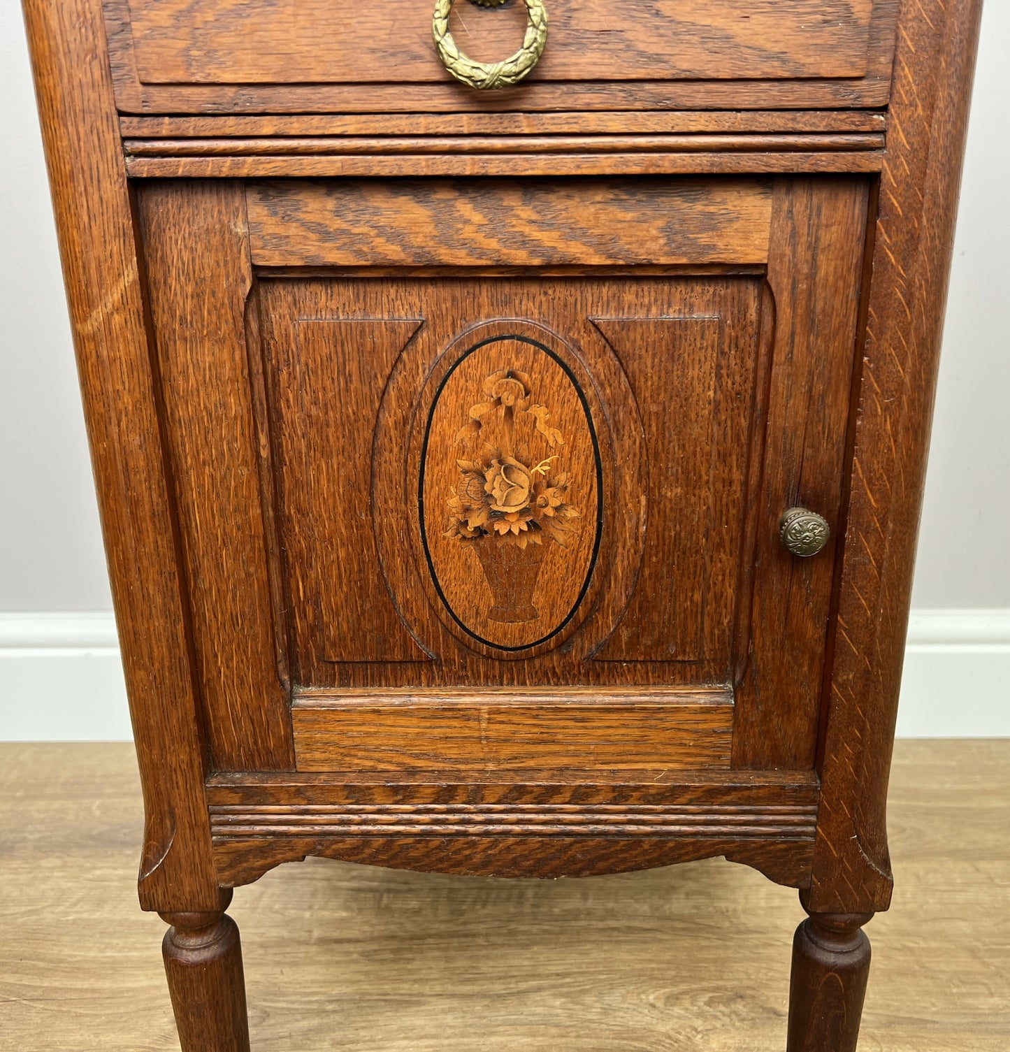 Bedside Table Antique French Marble Top Oak Cabinet Carved Cupboard LOT 6353