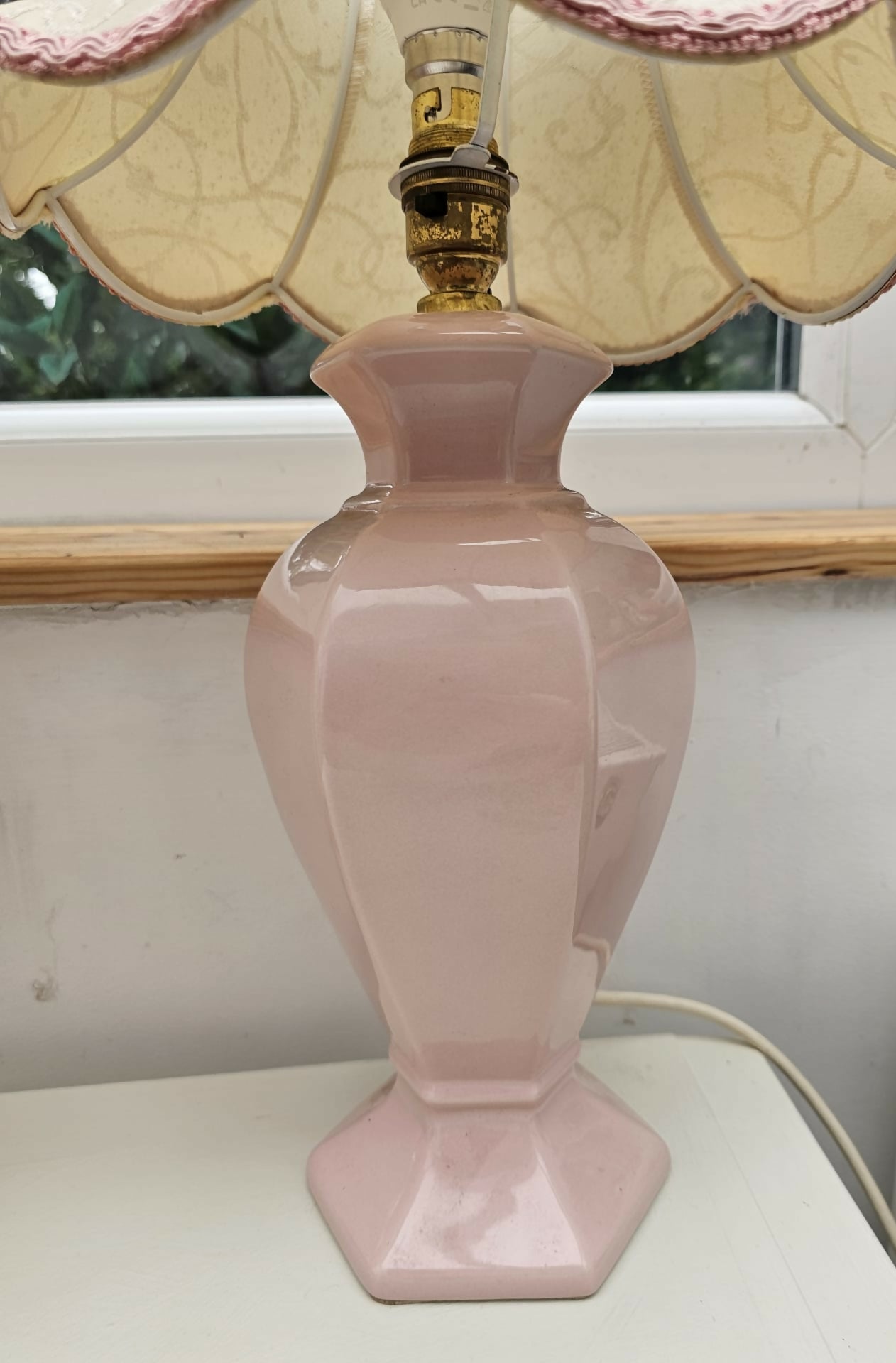 Vintage St Michael hexagonal ceramic ginger jar table lamps in pastel pink