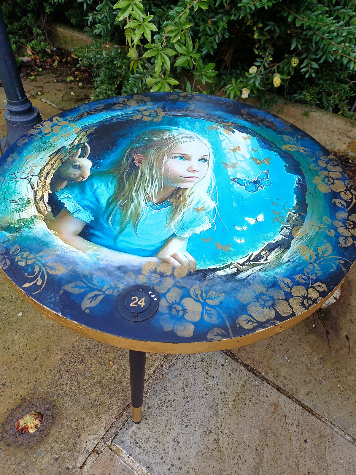 Decoupaged Alice in the Rabbit Hole Coffee Table Upcycled from Old Bar Table