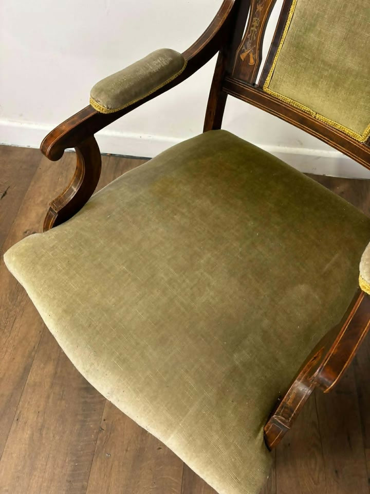Pair Of Victorian Rosewood Inlaid Armchairs with Green Velvet Upholstery