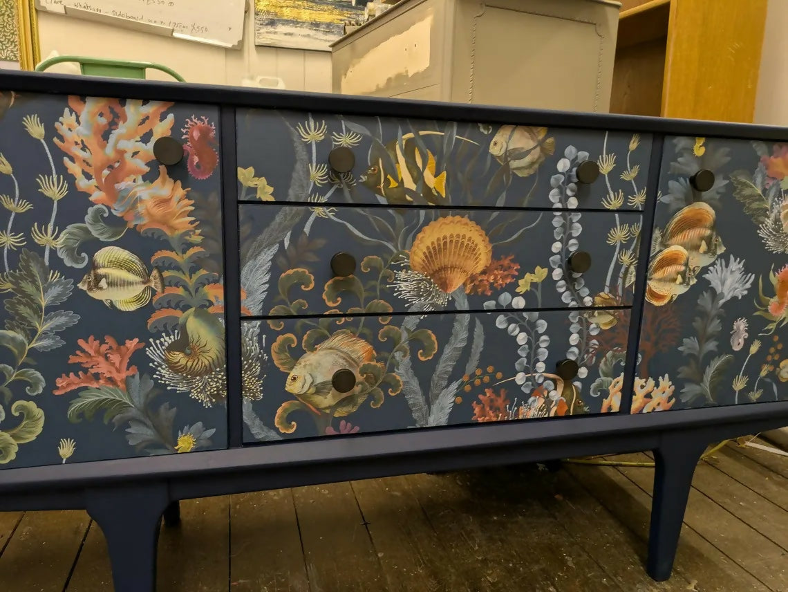 Gplan Midcentury NavySideboard Ocean Sea Fish Print Upcycled Painted SOLD message for commission