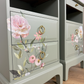 Rare Refinished Vintage Stag Minstrel Tea Tray Bedside Tables In Pale Sage Green With Floral Design, slim, nights stands, mid century