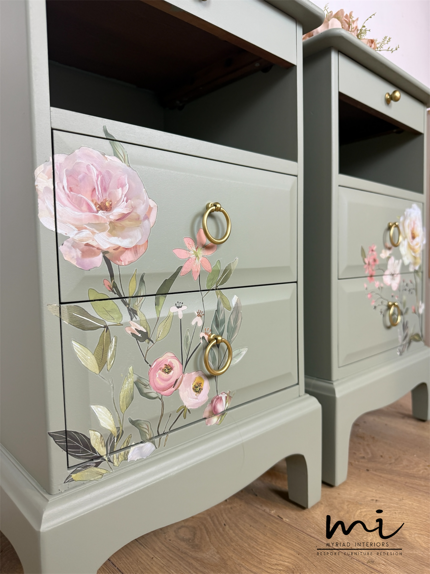 Rare Refinished Vintage Stag Minstrel Tea Tray Bedside Tables In Pale Sage Green With Floral Design, slim, nights stands, mid century