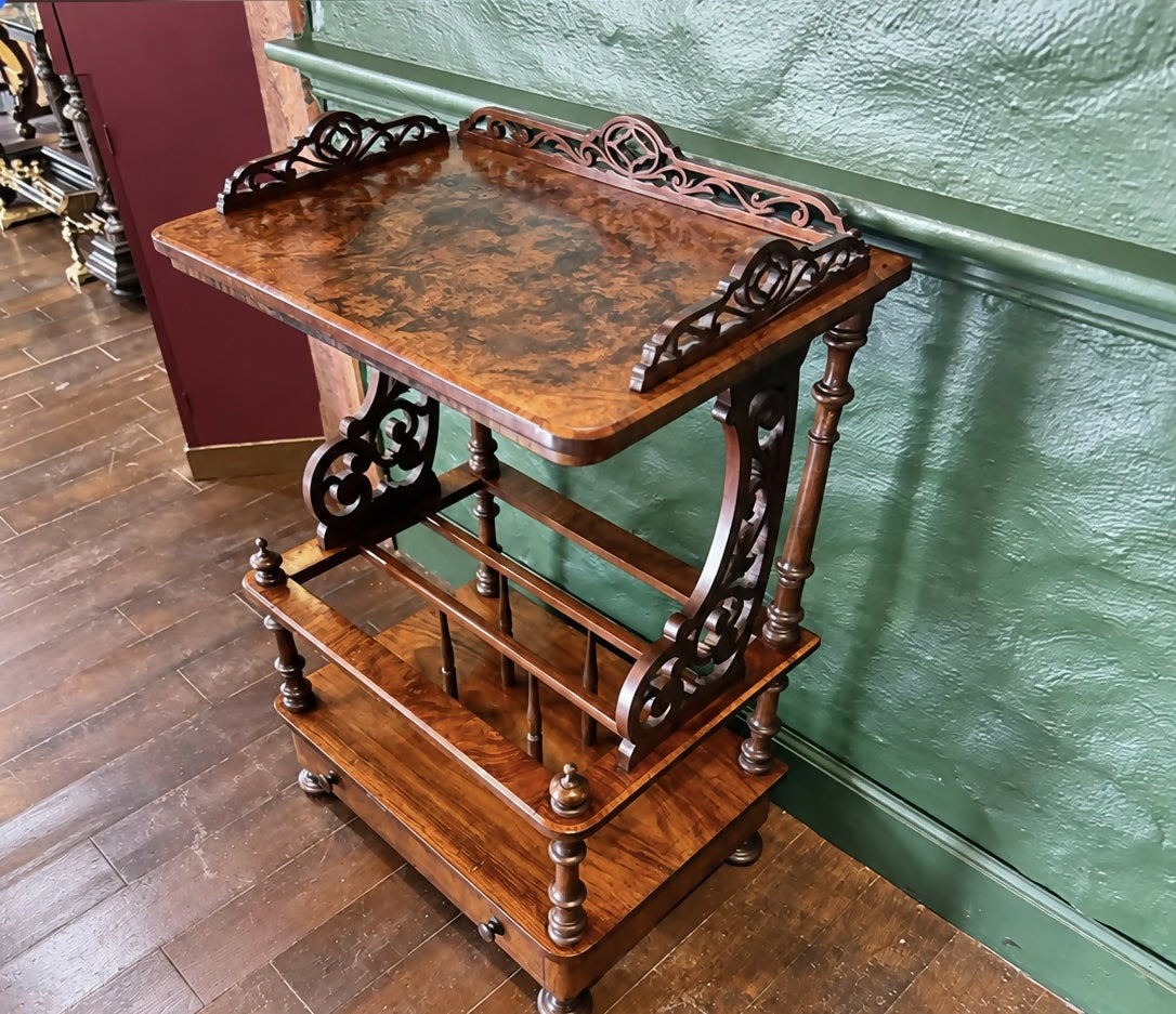 Antique Victorian Burr Walnut Canterbury Whatnot – Magazine & Book Rack with Carved Fretwork