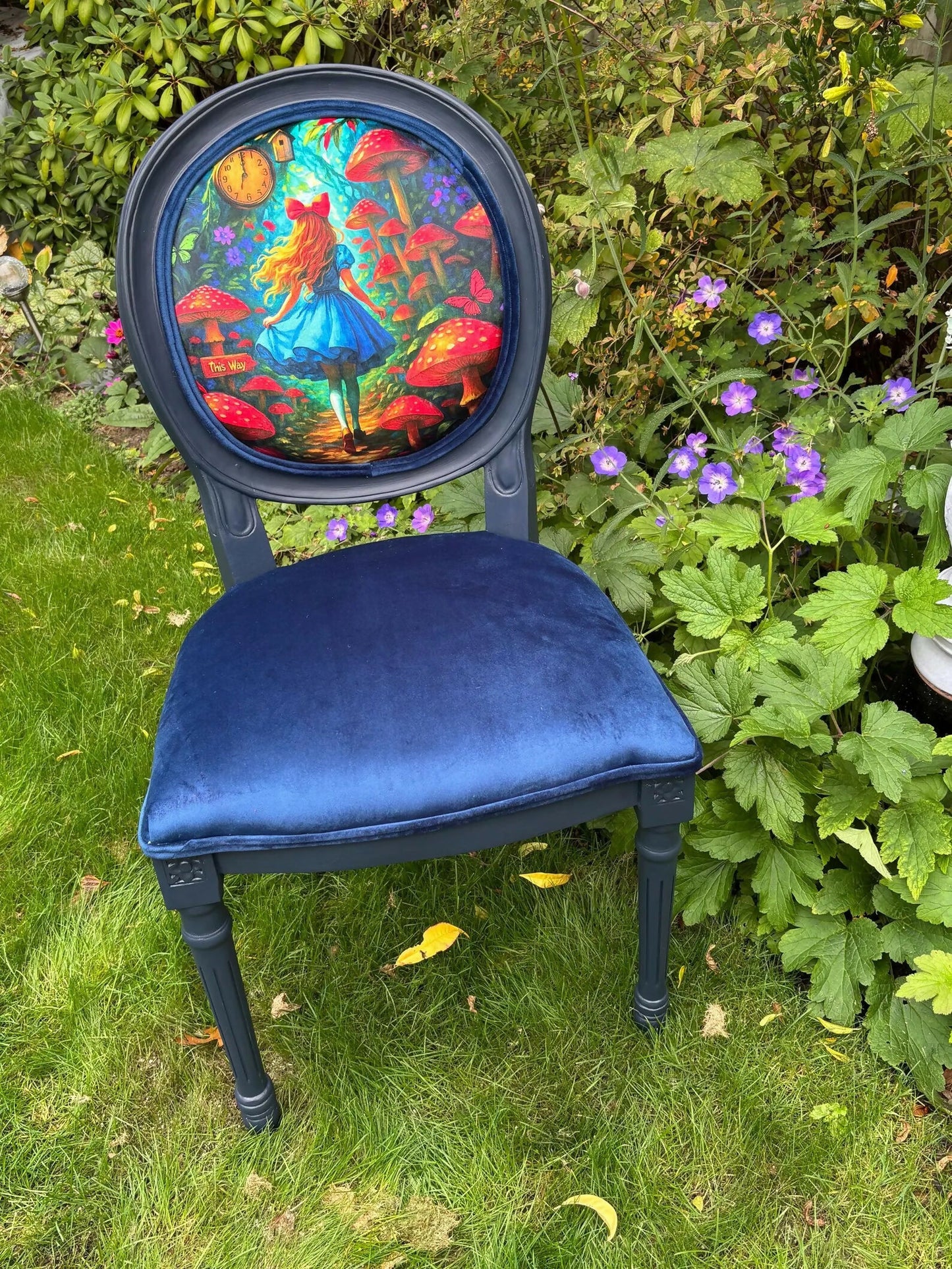 Alice in Wonderland Statement Chair – Handcrafted Navy Velvet. Bespoke Accent Whimsical Chair