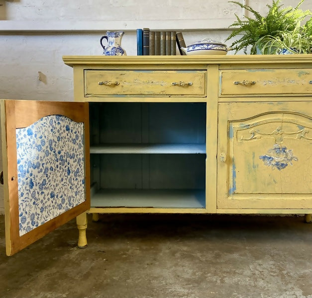 Sideboard Cupboard Yellow with Blue Roses
