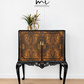 Refurbished Art Deco Burl Walnut Queen Anne Cocktail Cabinet in black and gold with cabriole legs, vintage drinks cabinet,