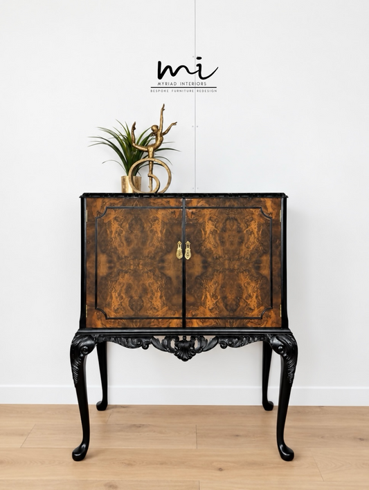 Refurbished Art Deco Burl Walnut Queen Anne Cocktail Cabinet in black and gold with cabriole legs, vintage drinks cabinet,