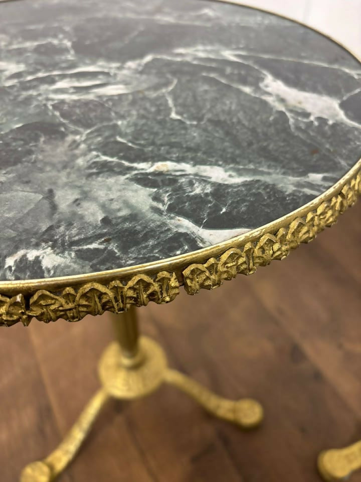 Pair of Circular Gilt Based Tripod Wine Tables with Faux Marble Tops