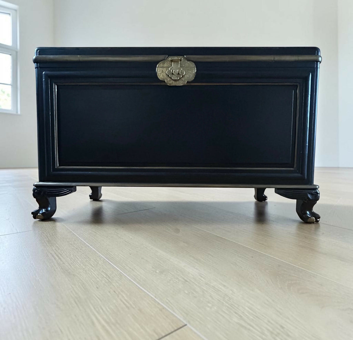 Ottoman. Antique Oriental storage Chest. Black and gold. Handpainted.
