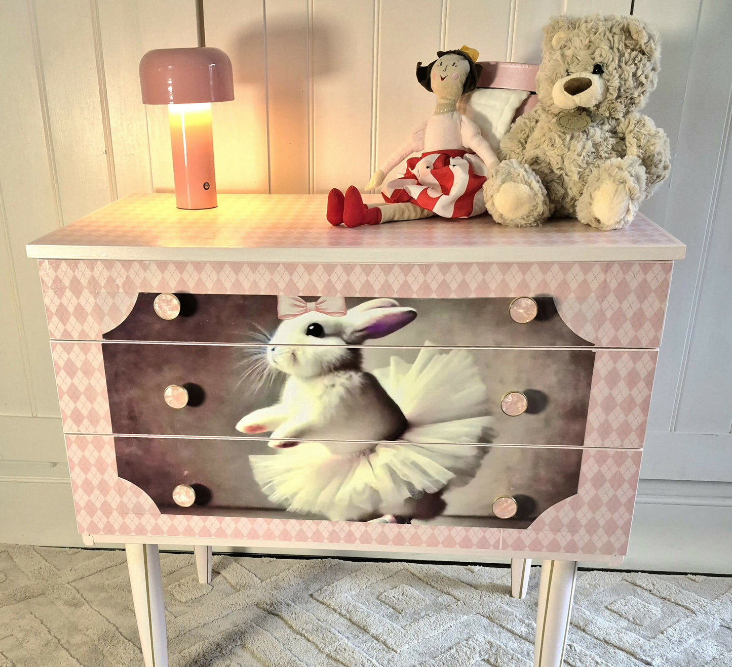 Pink Nursery Chest of Drawers – Bunny Ballerina Dresser, Upcycled MCM Kids Storage, Whimsical Baby Girl Bedroom Furniture