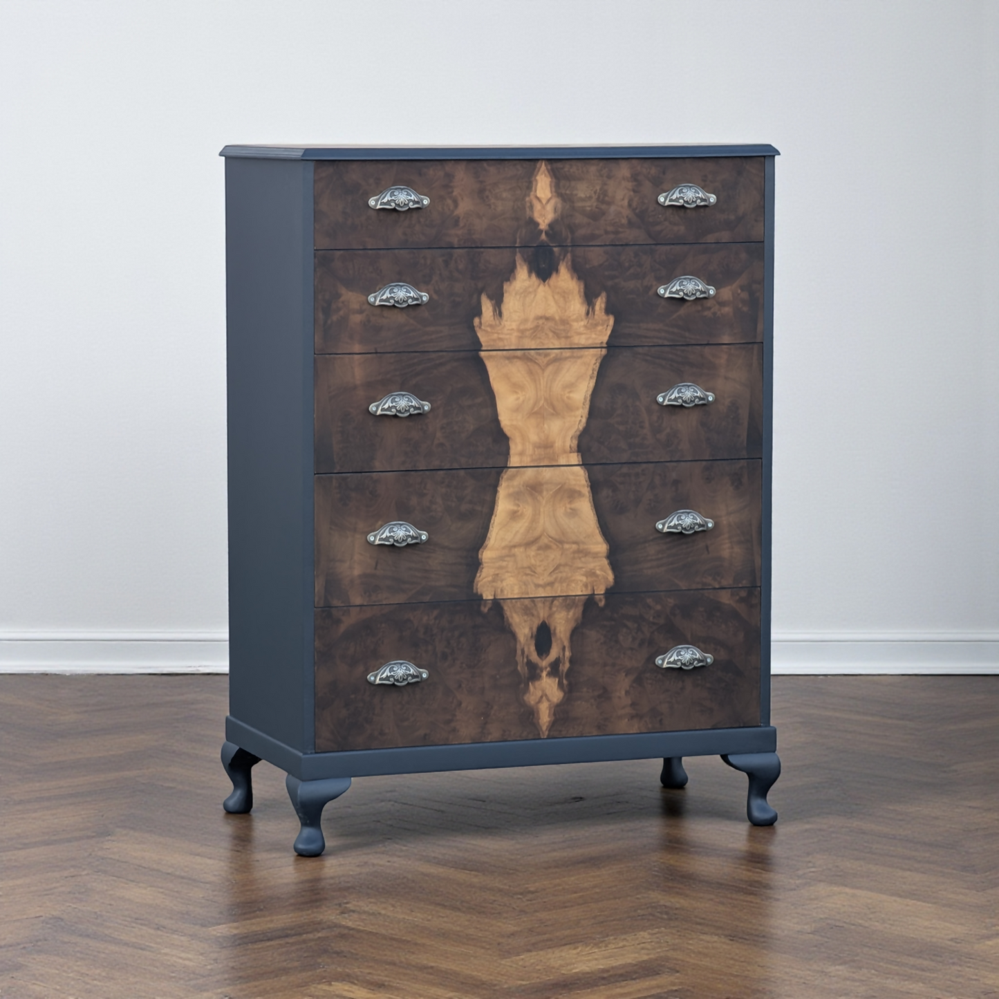 Vintage art deco navy blue walnut burr wood chest of drawers tallboy