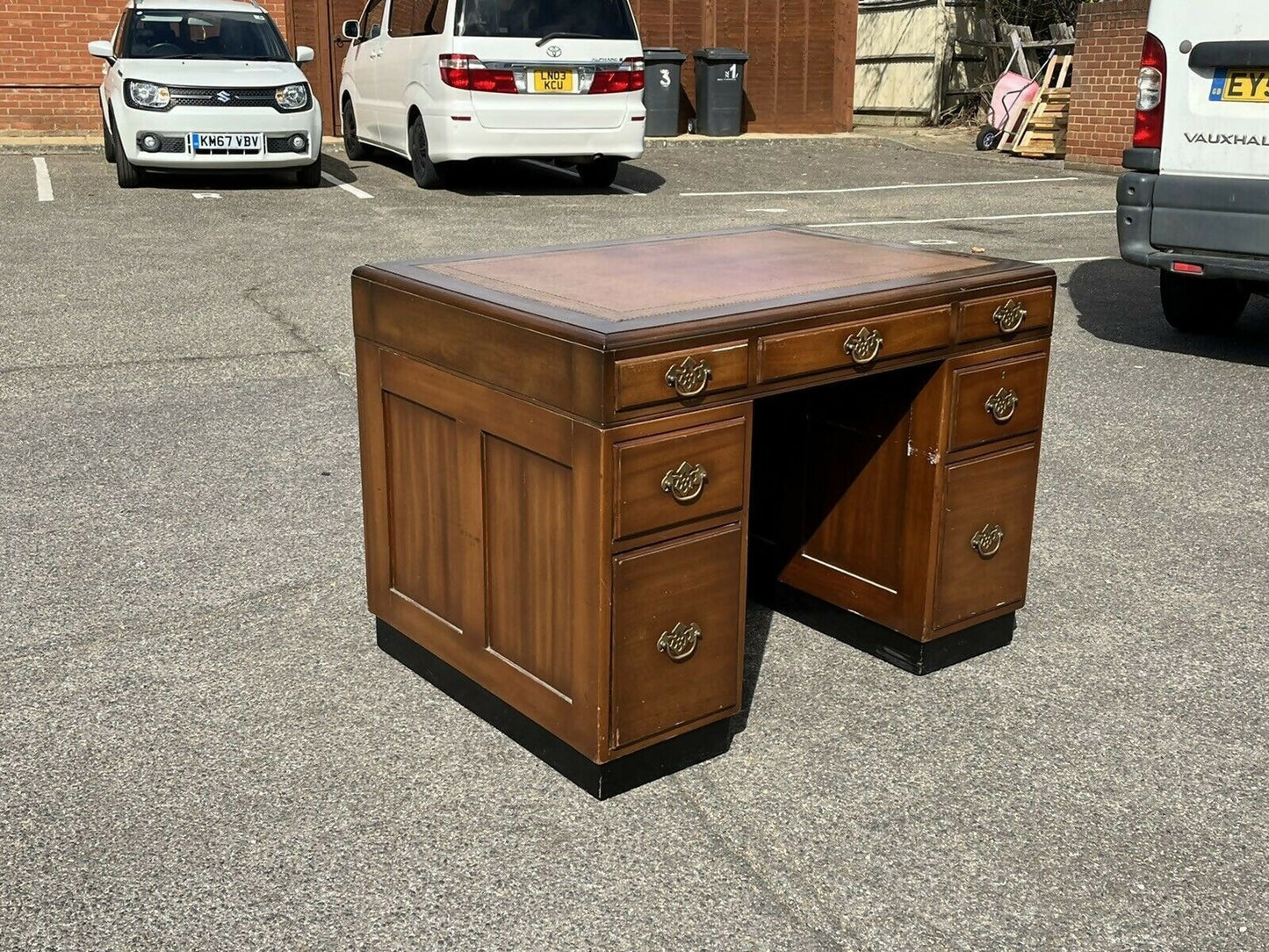 Mahogany Desk, Brass Handles, Panelled Sides & Rear.
