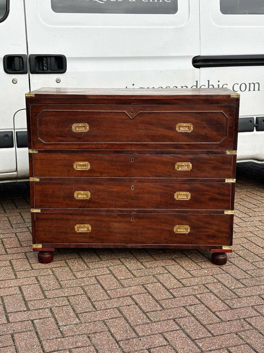 Mahogany Vintage Campaign Secretaire Chest Of Drawers.