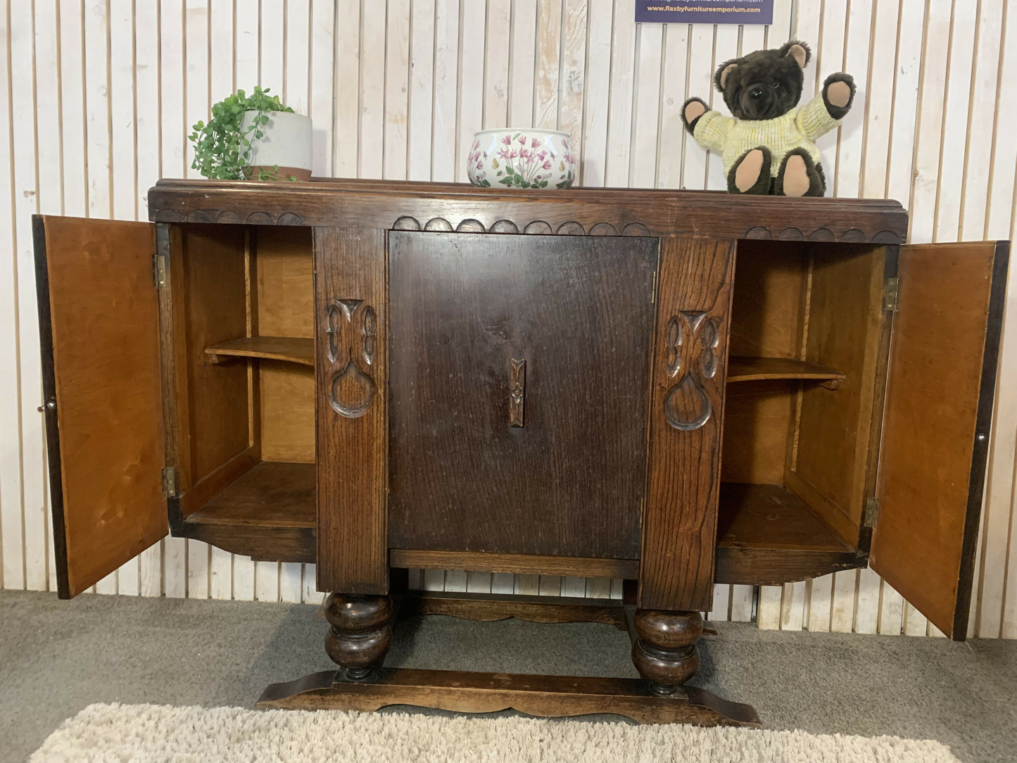 Vintage Art Deco Carved Wood Cabinet Sideboard 3 Doors 2 Drawers